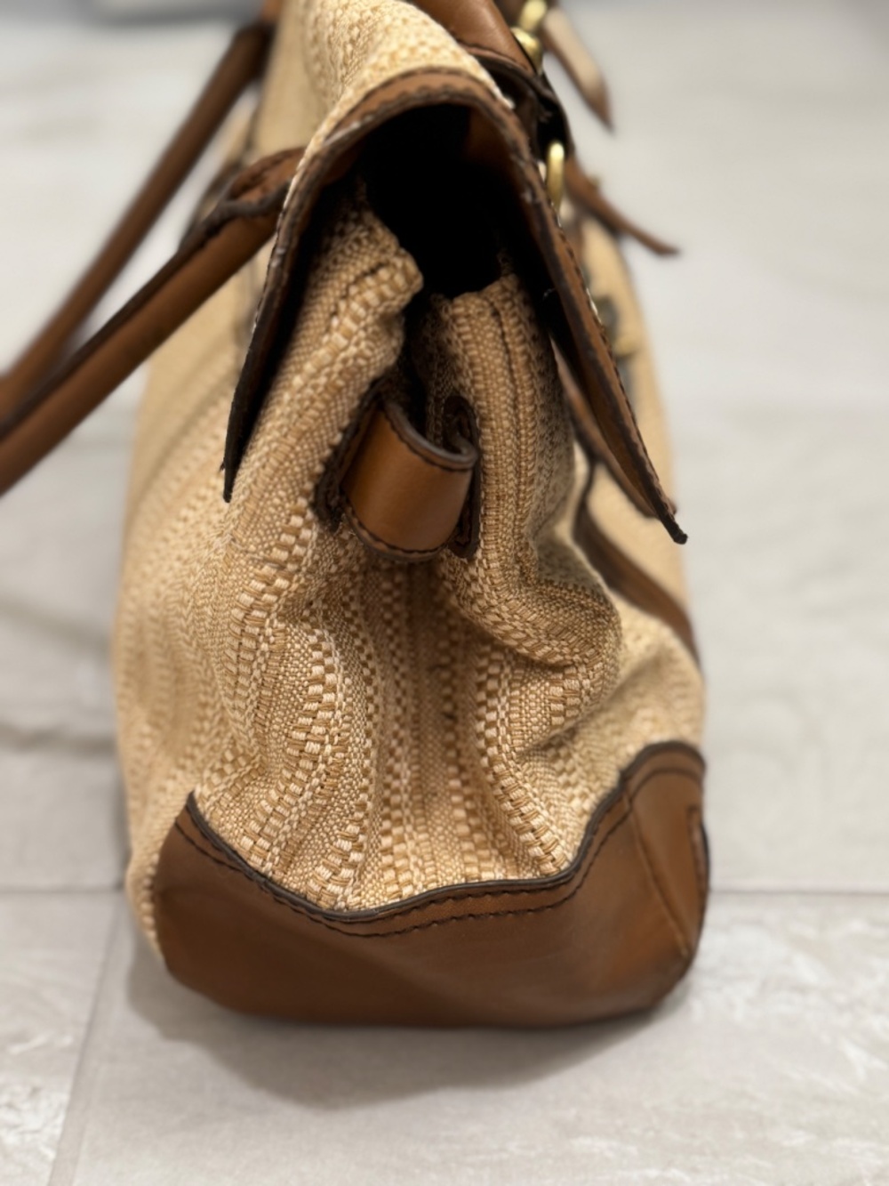 Etienne Aigner Woven Straw Leather Satchel Bag Tan Vintage Coastal - Picture 12 of 16